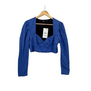 Zara Blue Long-Sleeve Cropped Sweetheart Top